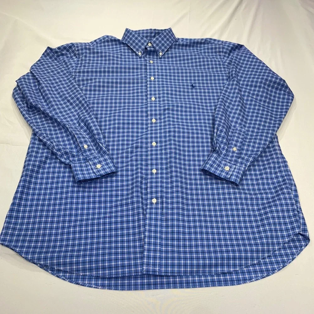Ralph Lauren Performance Blue Plaid Button Down Shirt Mens 2XLT Tall Stretch
